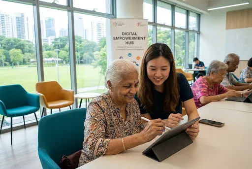 An elderly Indian woman interacting with a digital tablet with volunteer assistance