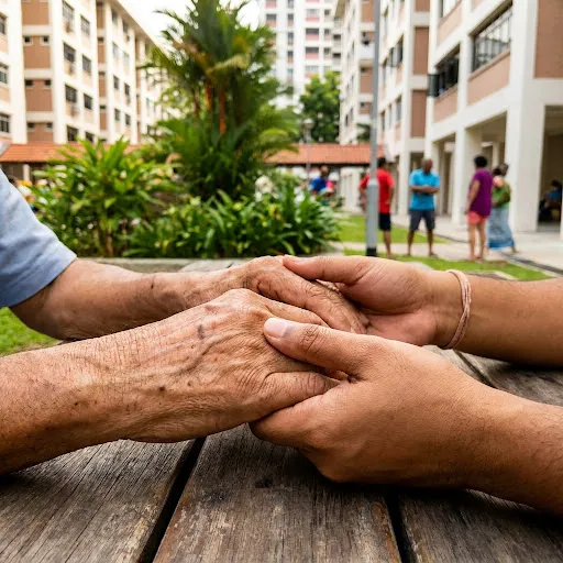 A high-quality, close-up photograph of an elderly Indian man's hands being held supportively by a younger Indian volunteer's hands. Represents care and the Kampong Spirit.